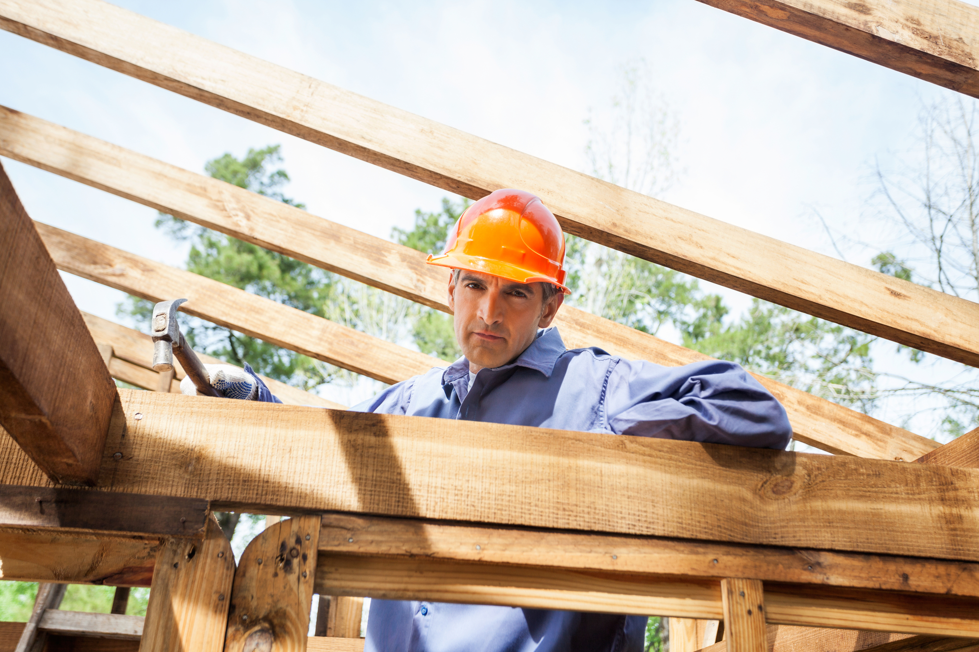 Confident Construction Worker Hammering Nail On Timber Frame